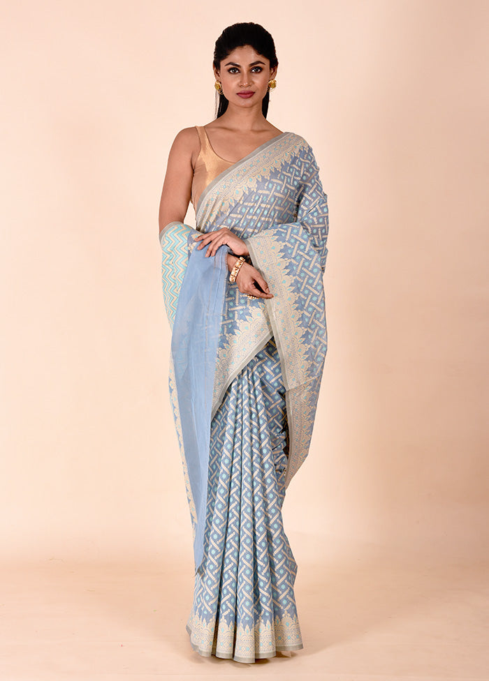 Blue Kora Silk Saree With Blouse Piece