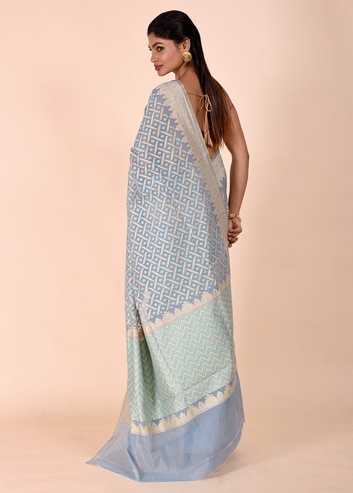 Blue Kora Silk Saree With Blouse Piece