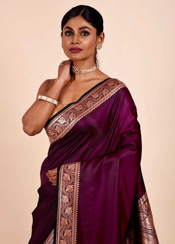 Wine Banarasi Silk Saree With Blouse Piece