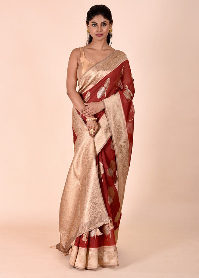 Rust Kora Silk Saree With Blouse Piece