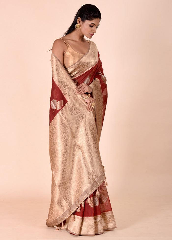 Rust Kora Silk Saree With Blouse Piece