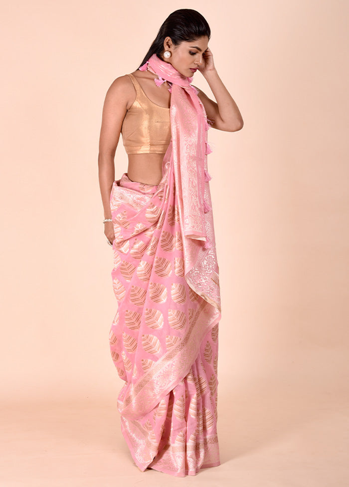 Pink Kora Silk Saree With Blouse Piece