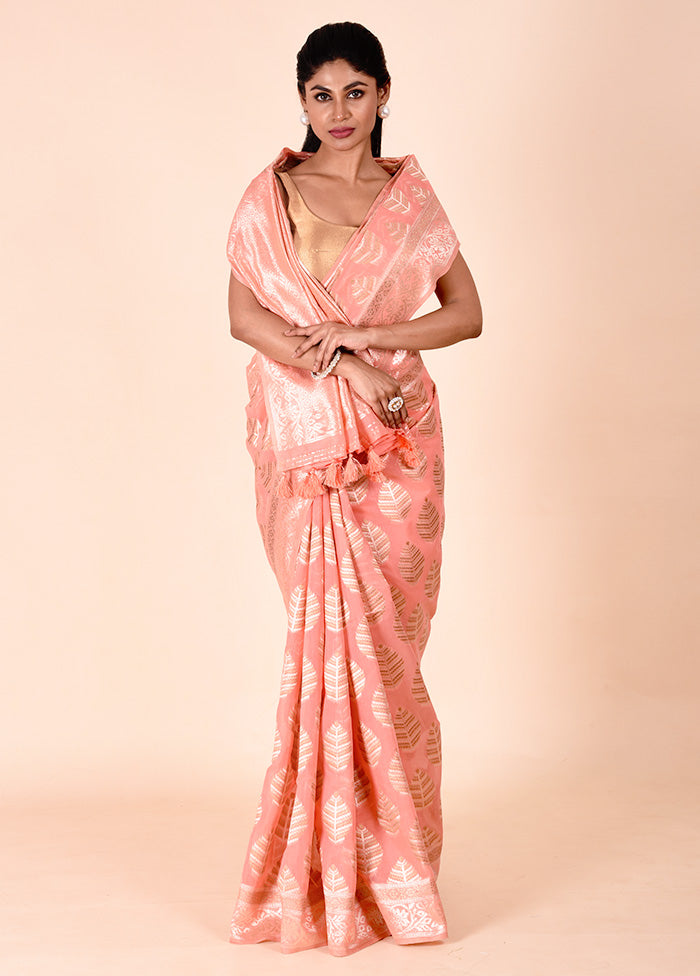 Peach Kora Silk Saree With Blouse Piece