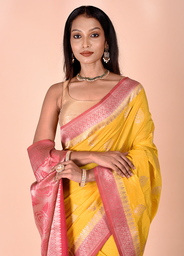 Yellow Dupion Silk Saree With Blouse Piece