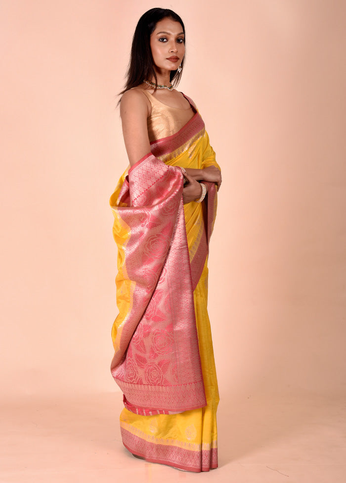 Yellow Dupion Silk Saree With Blouse Piece