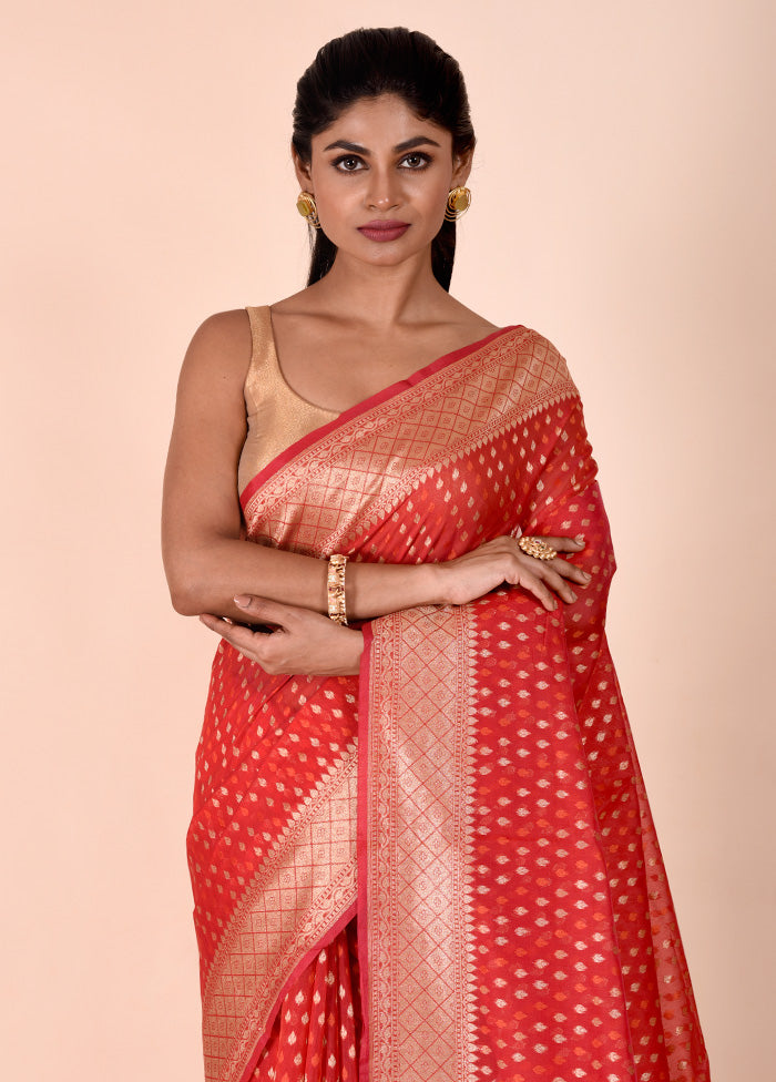 Red Kora Silk Saree With Blouse Piece