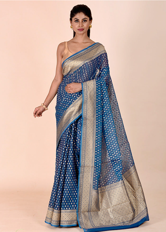 Blue Kora Silk Saree With Blouse Piece