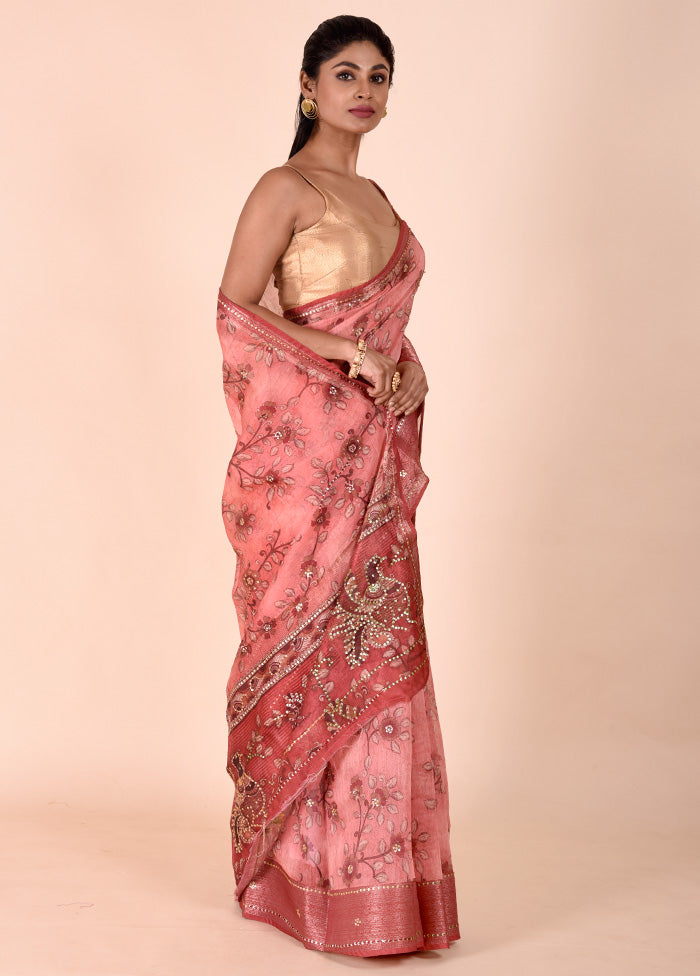 Pink Tussar Silk Saree With Blouse Piece