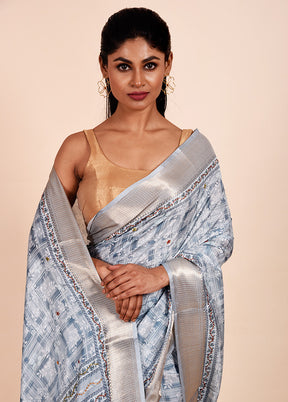 Blue Tussar Silk Saree With Blouse Piece