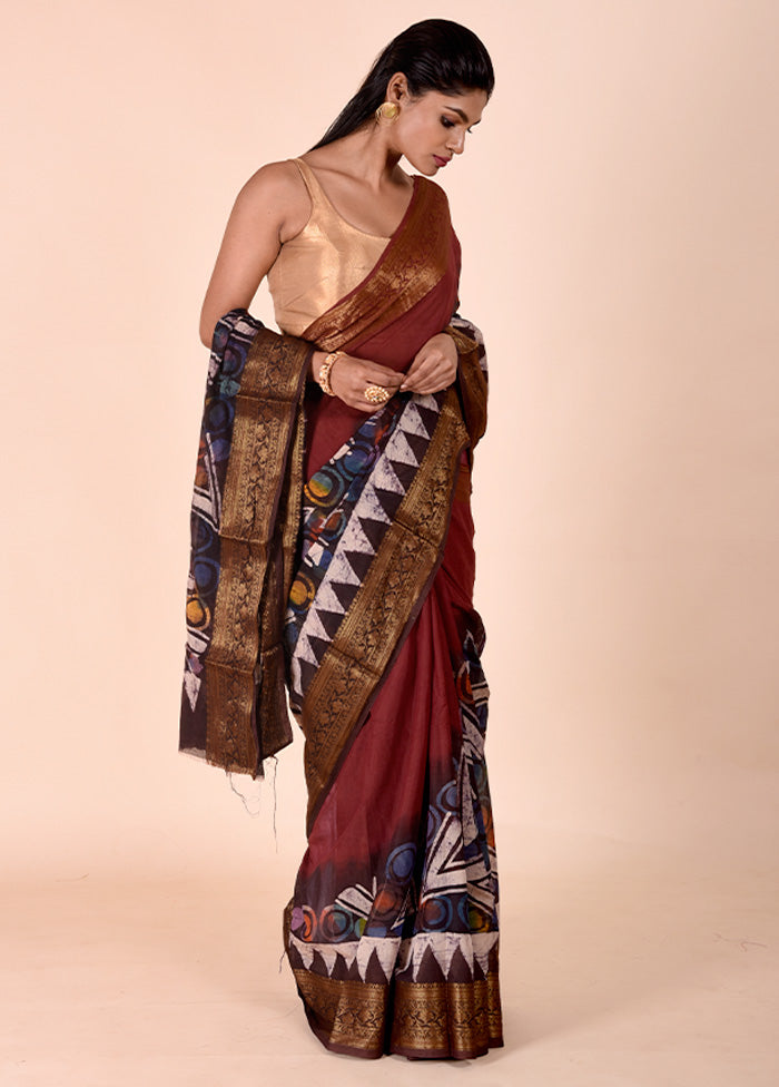 Rust Chanderi Cotton Saree With Blouse Piece