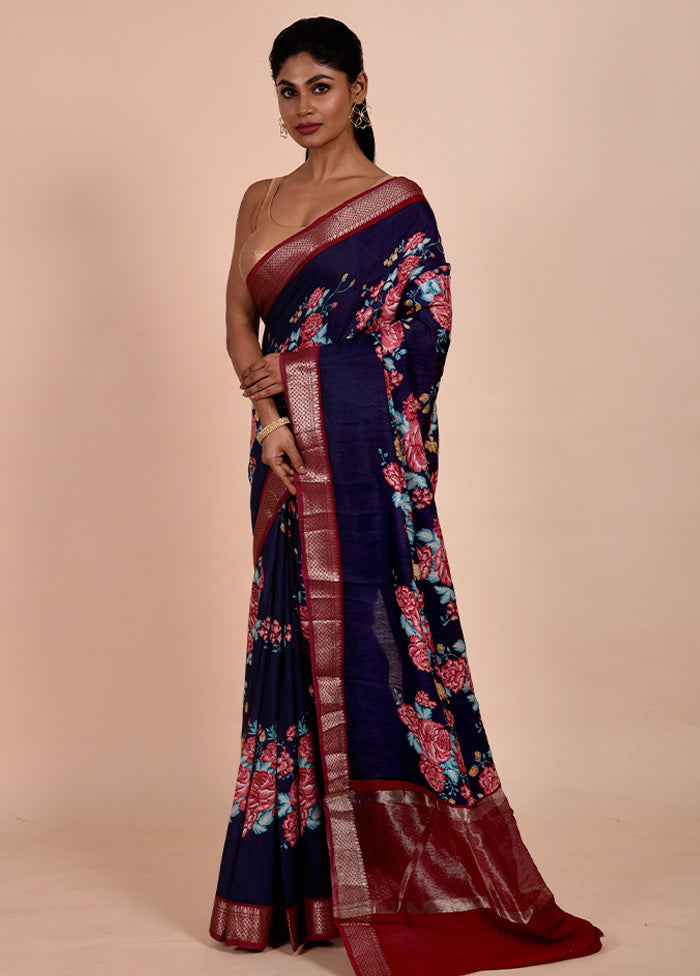 Blue Chanderi Cotton Saree With Blouse Piece