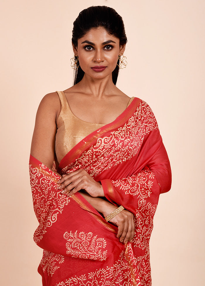 Red Chanderi Cotton Saree With Blouse Piece