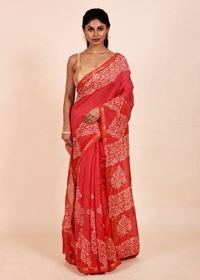 Red Chanderi Cotton Saree With Blouse Piece