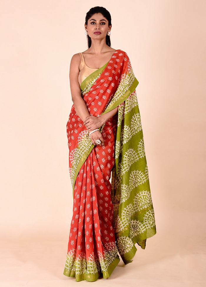 Orange Chanderi Cotton Saree With Blouse Piece