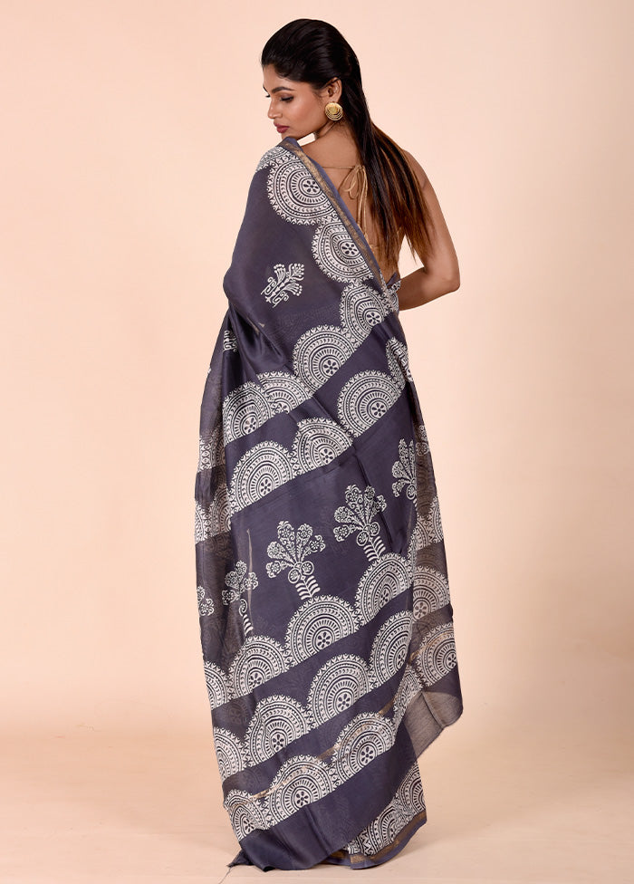 Grey Chanderi Cotton Saree With Blouse Piece