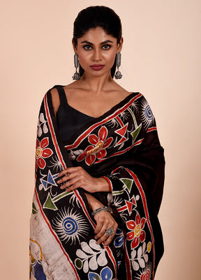 Black Printed Pure Silk Saree Without Blouse Piece