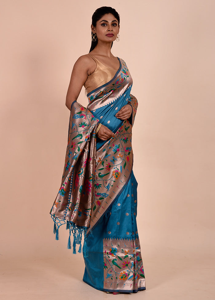 Blue Dupion Silk Saree With Blouse Piece