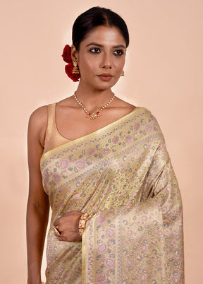 Cream Jamewar Silk Saree With Blouse Piece