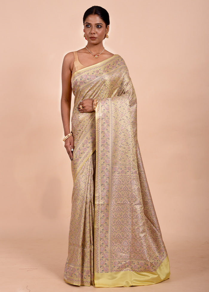 Cream Jamewar Silk Saree With Blouse Piece