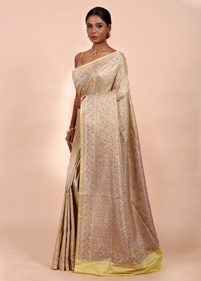 Cream Jamewar Silk Saree With Blouse Piece