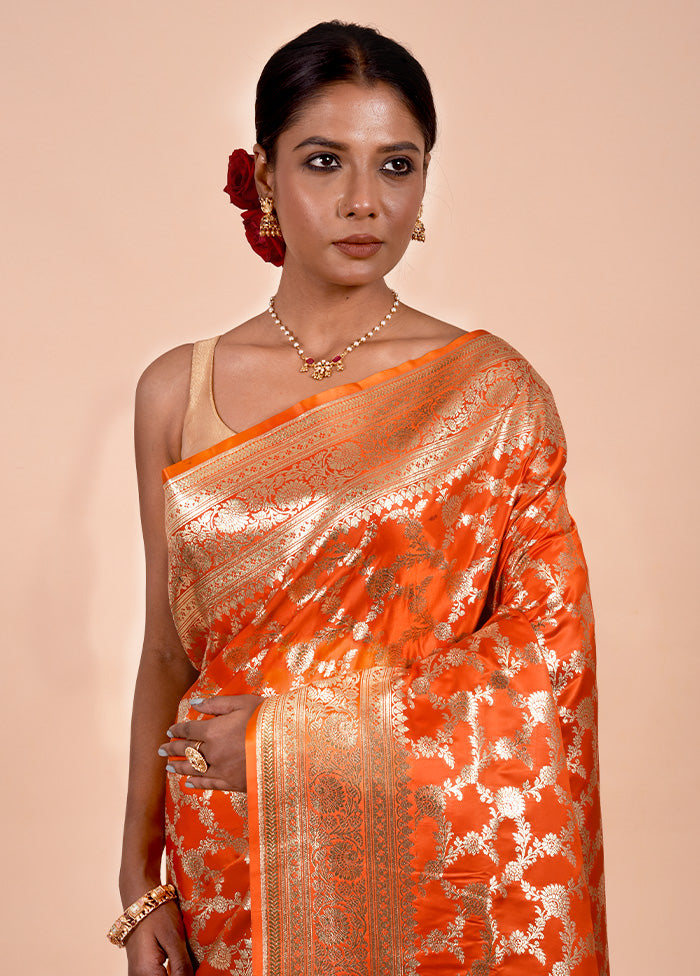 Orange Banarasi Silk Saree With Blouse Piece