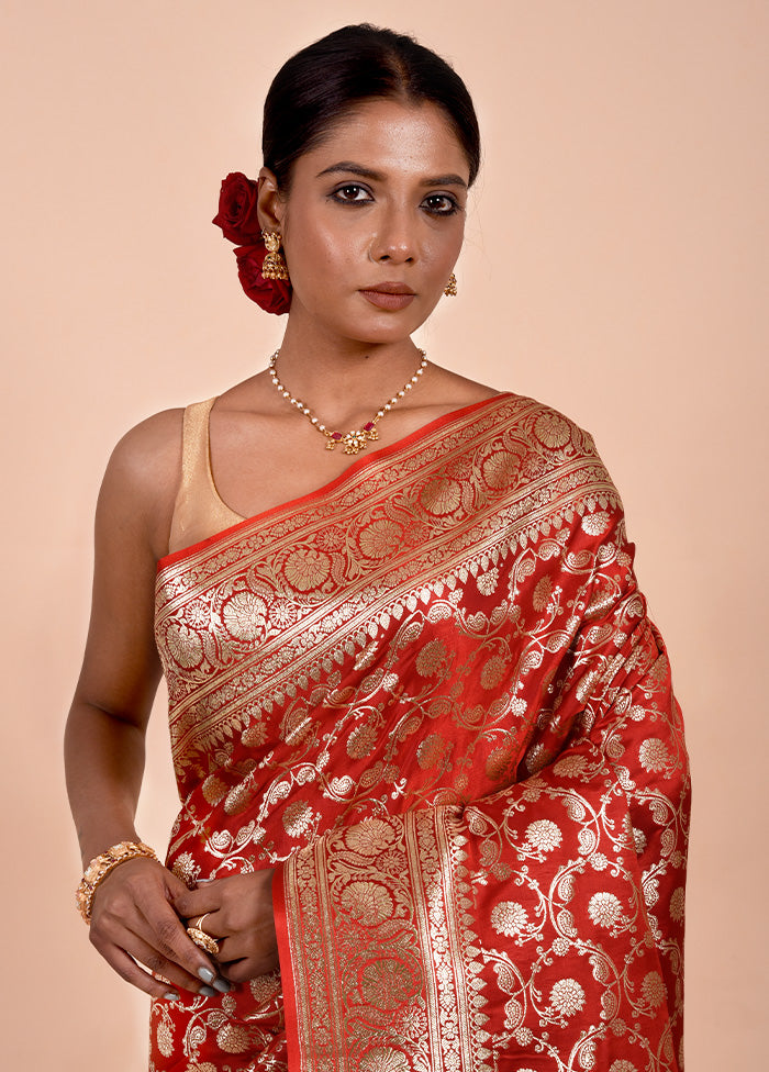 Red Banarasi Silk Saree With Blouse Piece