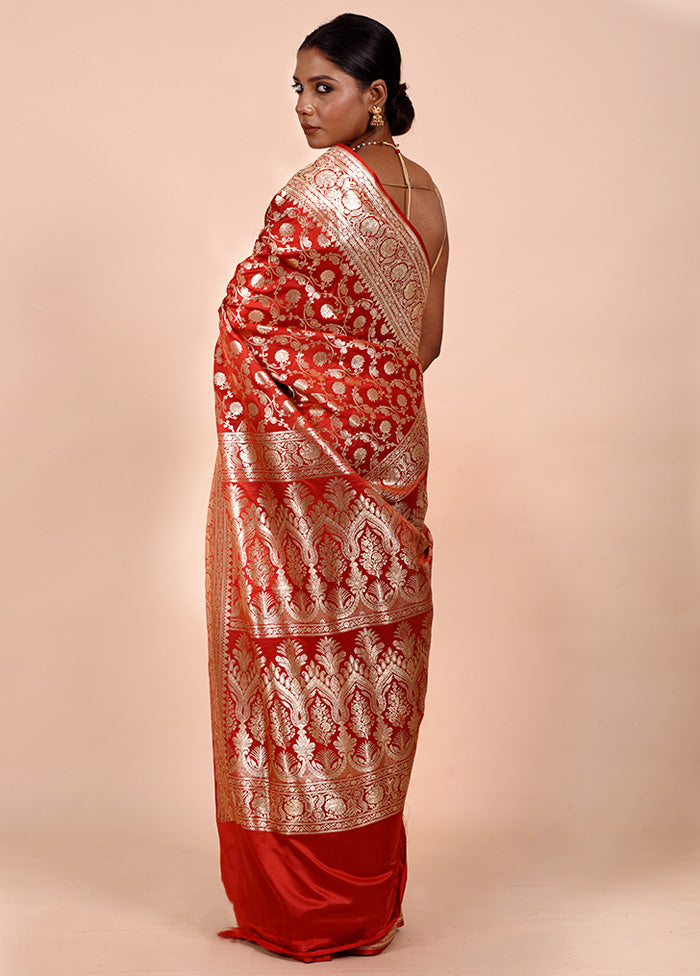 Red Banarasi Silk Saree With Blouse Piece