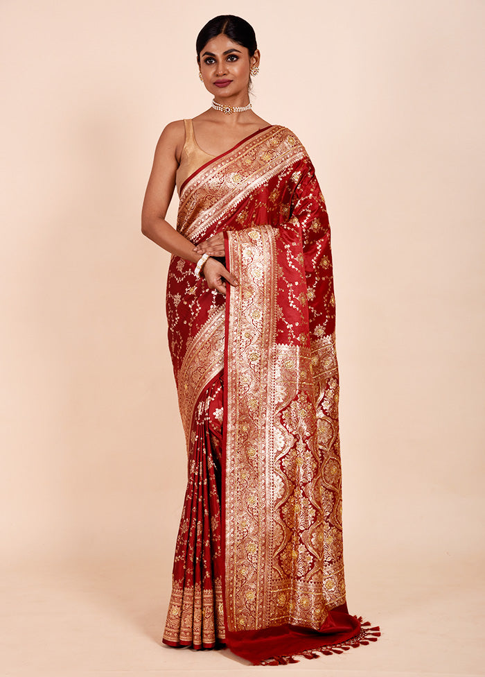 Maroon Banarasi Silk Saree With Blouse Piece