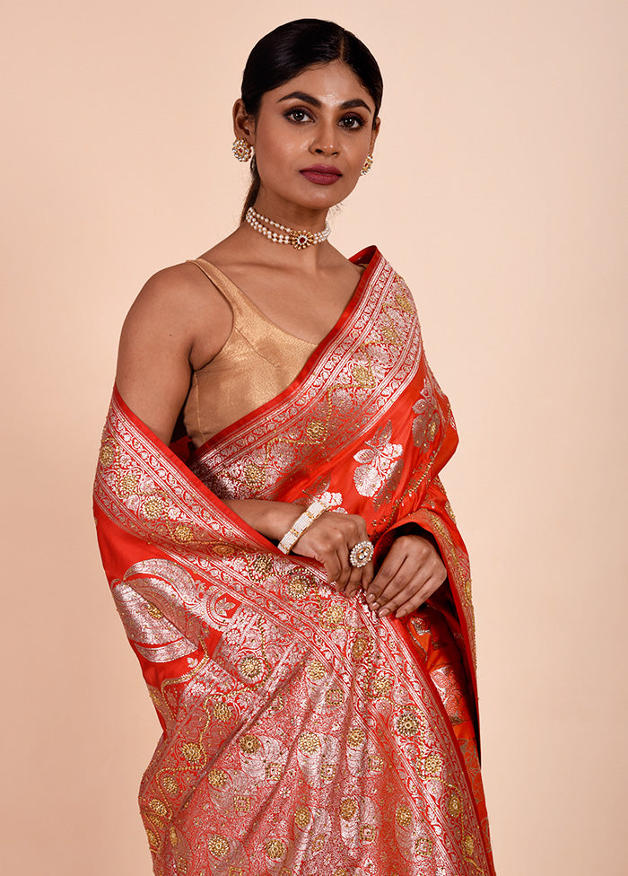 Red Banarasi Silk Saree With Blouse Piece