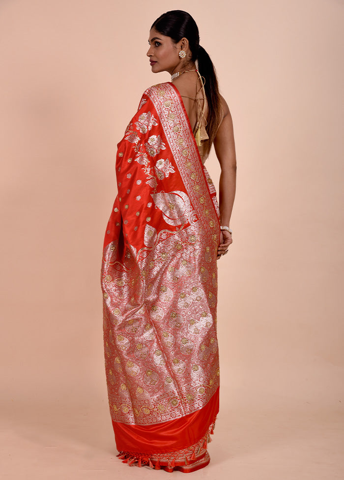 Red Banarasi Silk Saree With Blouse Piece