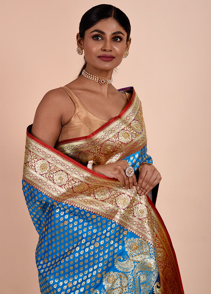 Blue Banarasi Silk Saree With Blouse Piece