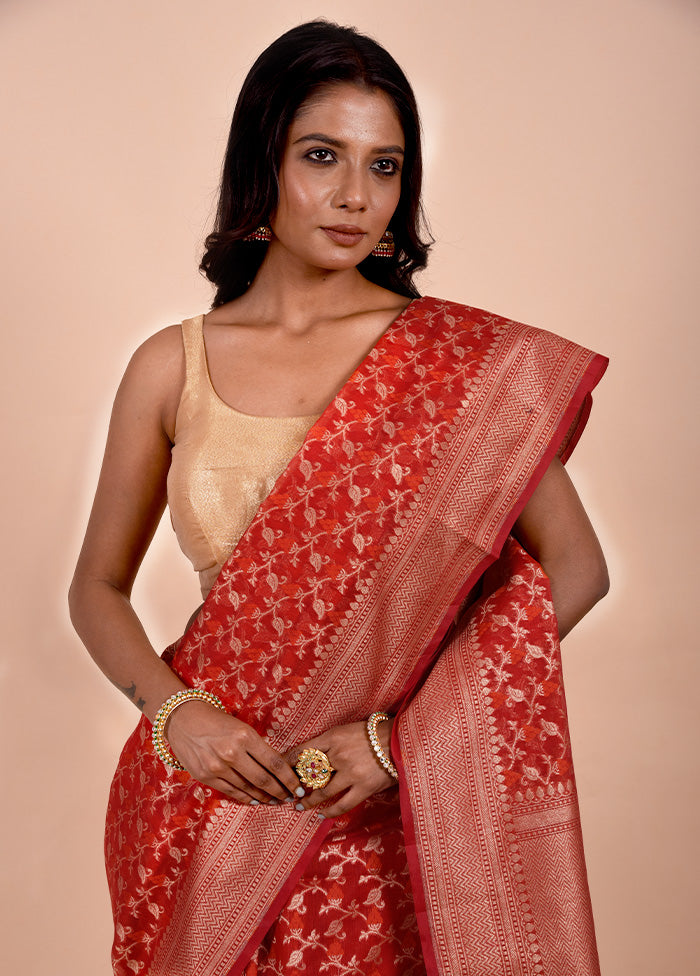 Orange Kora Silk Saree With Blouse Piece