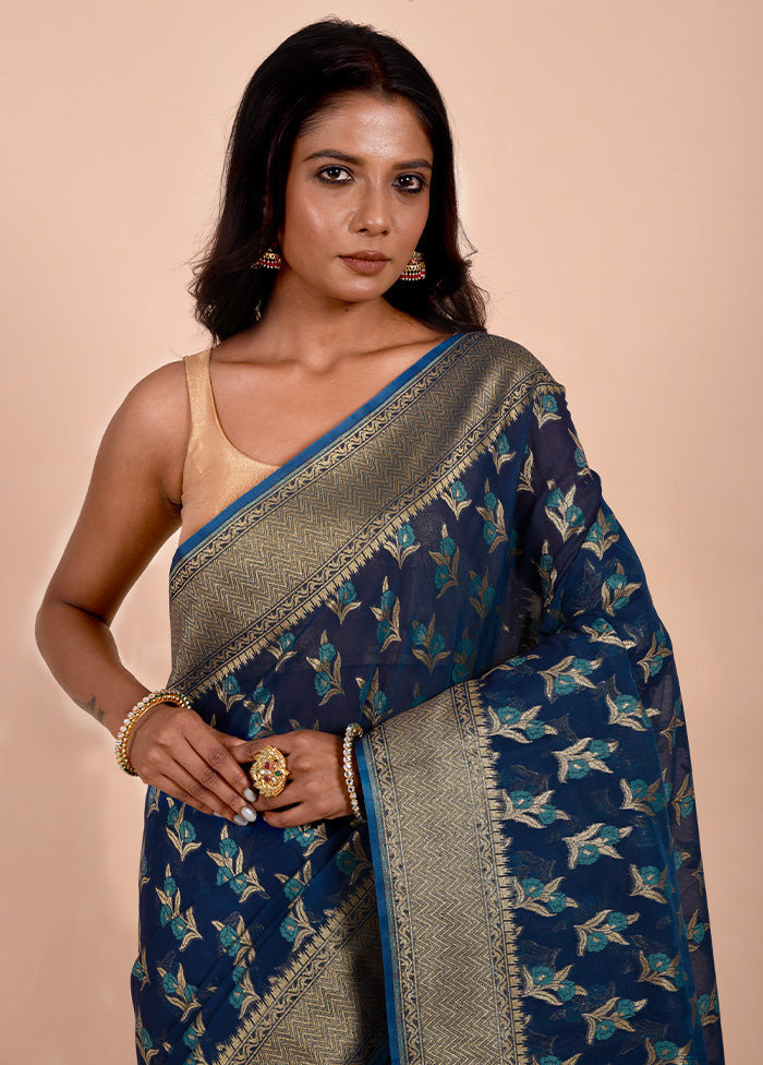 Blue Kora Silk Saree With Blouse Piece