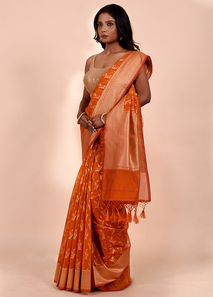 Orange Kora Silk Saree With Blouse Piece