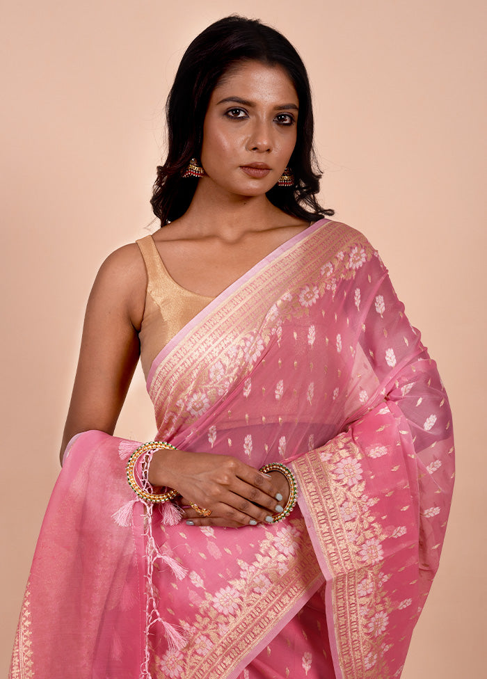 Pink Kora Silk Saree With Blouse Piece