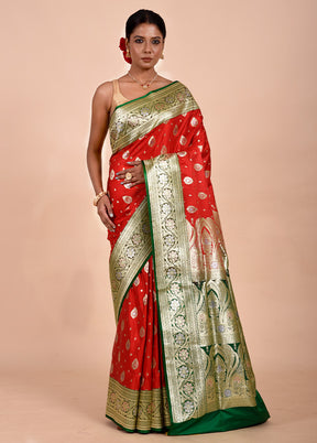 Red Banarasi Silk Saree With Blouse Piece