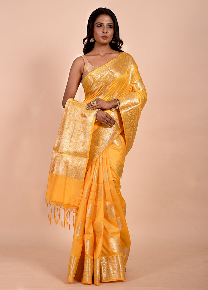 Yellow Dupion Silk Saree With Blouse Piece