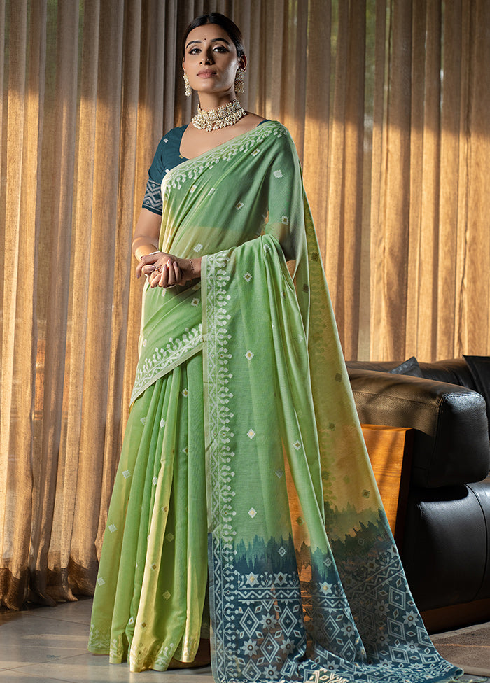 Green Pure Cotton Saree With Blouse Piece - Indian Silk House Agencies