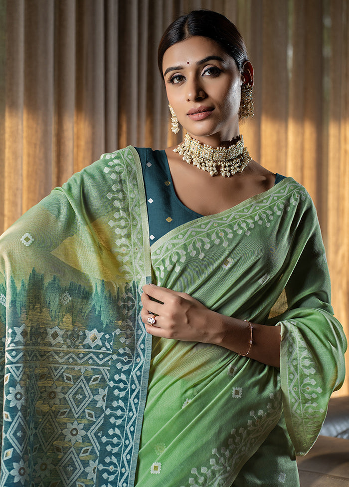 Green Pure Cotton Saree With Blouse Piece - Indian Silk House Agencies