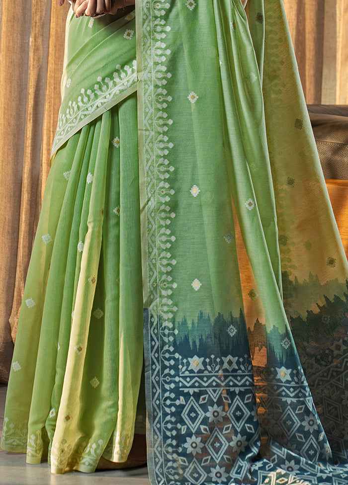 Green Pure Cotton Saree With Blouse Piece - Indian Silk House Agencies