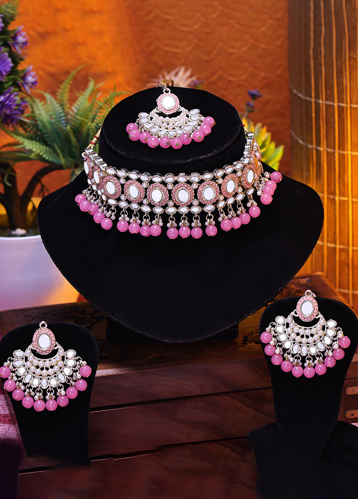 Pink Alloy Glossy Jewellery Set