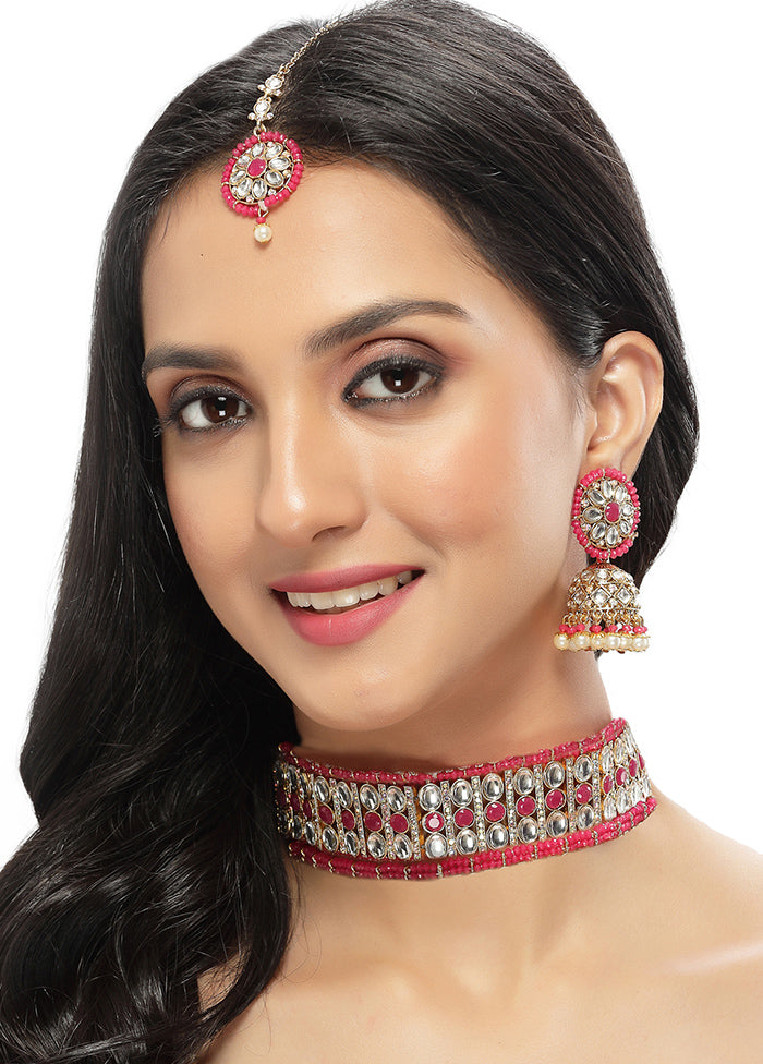 Pink Alloy Glossy Jewellery Set