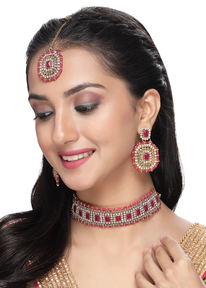 Pink Alloy Glossy Jewellery Set