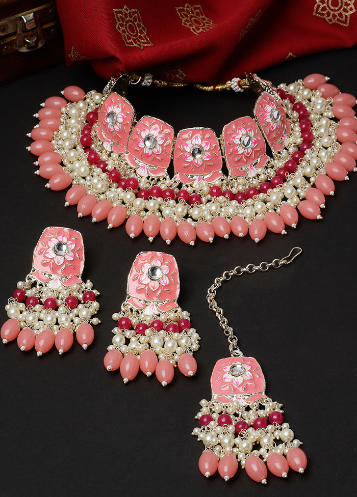 Pink Alloy Glossy Jewellery Set