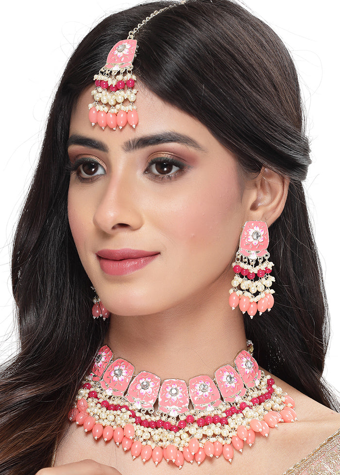 Pink Alloy Glossy Jewellery Set