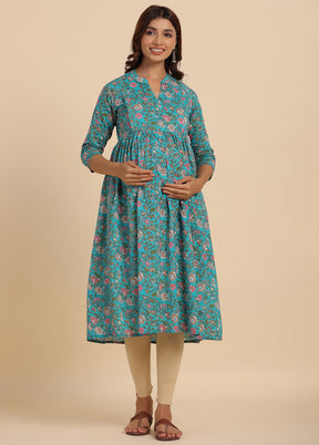 Turquoise Pure Readymade Cotton Maternity Kurti - Indian Silk House Agencies