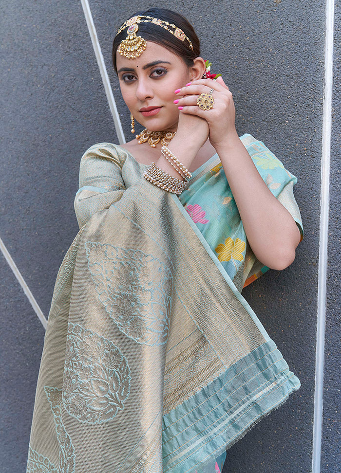 Light Blue Organza Saree With Blouse Piece - Indian Silk House Agencies