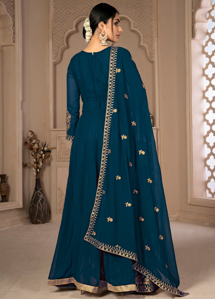 3 Pc Turquoise Unstitched Georgett Suit Set With Dupatta VDDIT2803268 - Indian Silk House Agencies