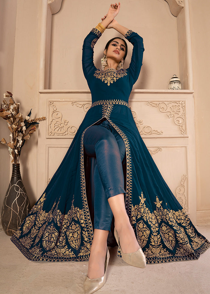 3 Pc Turquoise Unstitched Georgett Suit Set With Dupatta VDDIT2803268 - Indian Silk House Agencies