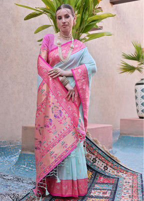 Sea Green Dupion Silk Saree With Blouse Piece